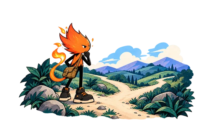 Spark pauses at a fork in a winding trail.