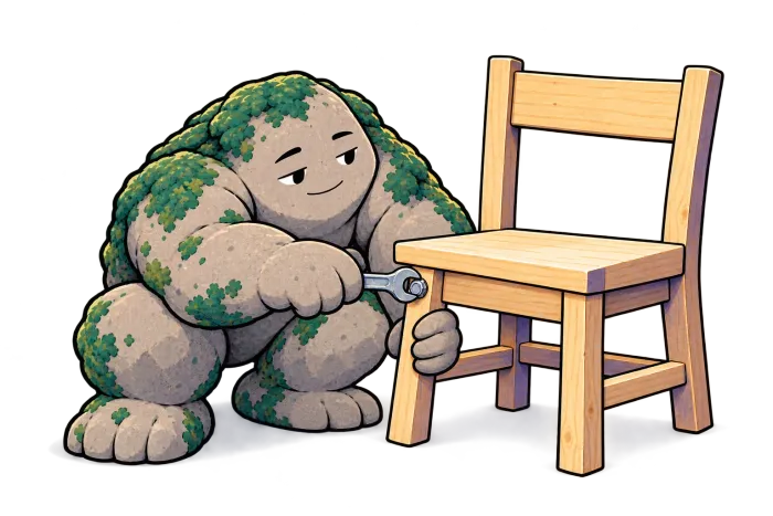 Stone steadies a wooden chair while repairing its joint.